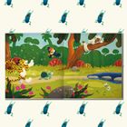 Illustration eines bunten Dschungels mit Tukan, Leopard, Schildkröte und schlafendem Affen auf Baum. Bunte Pflanzen drumherum.