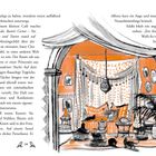 Text: Beschreibung eines Cafés namens "Bastet’s Corner – Tee, Törtchen und Tatzen". Illustration: Orientale Kissen und Katzen.