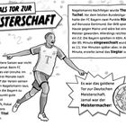 JAMALS TOR ZUR MEISTERSCHAFT. Illustration eines Fußballspielers in Jubelpose, begleitet von Texten über ein entscheidendes Tor.
