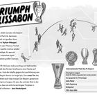 "Der Triumph von Lissabon". Spielszene, Fußballspieler auf dem Feld, fünf verschiedene Pokale unten.