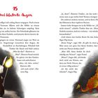 15. Drei blutrote Augen. Links ein Kaninchen und ein kleines Tier mit Fackeln, rechts ein Drache und ein weiteres Tier mit Fackeln.