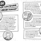 "Was du von Nick Woltemade lernen kannst." Text über Lebensweg, Rückschläge, Mut, Glauben an sich. Schwarz-Weiß-Illustrationen.