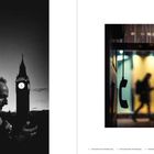 Links: Ein Kind auf den Schultern eines Mannes vor Big Ben. Rechts: Ein Telefonhörer, Hintergrund unscharf mit einer Person.