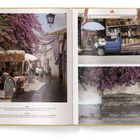 Zwei Texte: "ABOVE:" und "OPPOSITE:" mit Blindtext. Szenen sind eine belebte Gasse, ein beladener blauer LKW und eine Holzbank unter Blumen.