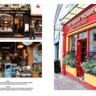 "BETTYS CAFE TEA ROOMS" und "The Quiet Moment TEAROOMS". Traditionsreiche Teestubenfassaden mit Blumen und nostalgischem Dekor.