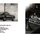 ASTON MARTIN DBS, DBS V8. Links: Seitenansicht des Autos. Rechts: Armaturenbrett und Bedienelemente im Innenraum.