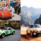 Oben links: Zahl 88 auf rotem Auto. Unten links: Zahl 47 auf grün-weißem Auto. Rechts: Rallye-Auto in Landschaft.