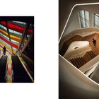 Links: Bunte Glasdecke über Rolltreppe mit Person. Rechts: Moderne Treppenansicht von oben, Person auf Holzstufen.