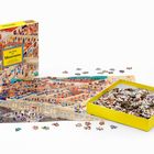 Text: "Die Welt des Museums." Puzzle-Verpackung mit buntem Museums-Illustration, offene Schachtel mit Puzzleteilen.
