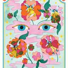 Illustration mit Feen auf Blumen, blauen Augen, pinken Wolken und gelben Sternen, umrahmt von Äpfeln in den Ecken.
