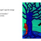 "Davor habe ich keine Angst", sagt oranger Fizzli-Puzzli. Illustration: Oranger Charakter hinter blauem Baum; schwarzer Schatten.