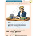 Übungen zum Kasus (Fall). Der Nominativ (1. Fall). Illustration: Frau am Schreibtisch, telefoniert und schreibt.