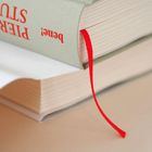 Text: "Pierre Stutz" und "bene!". Zwei Bücher mit einem roten Leseband, eins teils mit weißem Papier bedeckt.