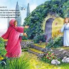 Titel: "Jesus lebt". Ein Engel in Weiß steht in einem blühenden Garten vor einem leeren Grab.