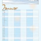 Text: "Januar", Kalendertabelle darunter. 

Oben Schnee- und Pferdeszene, unten zwei Menschen mit Pferd.