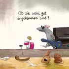 Text: "Ob sie wohl gut angekommen sind?" Eine graue Maus mit Gitarrenkoffer läuft; im Wasser schwimmen seltsame Figuren.