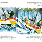 Illustration: Ein kleines Boot mit Passagieren stürzt über einen Wasserfall. Ein Mann trägt eine Uniform und eine Katze ist an Bord.