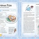 **Gebratene Pilze**

**Mit einem Malzessig-Ranch-Dressing**

Zutaten & Anleitungen für Pilzgericht und Dressing. Illustration von Pilzen und einer Figur.