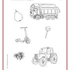 Titel: "Was ist ein Fahrzeug?" Illustrationen von einem Lastwagen, einer Birne, einem Roller, Lutscher, Blume, Traktor.