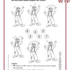 „Mit wie vielen Bällen jongliert der Clown?“ Sechs Clowns jonglieren unterschiedlich. Aufgabe: Zählen und Zuordnen.