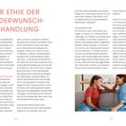 "ZUR ETHIK DER KINDERWUNSCH-BEHANDLUNG" ist fett hervorgehoben. Darunter diskutierte Themen. Rechte Seite zeigt ein Mädchen und eine Frau auf dem Sofa sitzend.