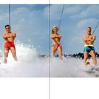 1950. "Title goes here". Fünf Personen Wasserskifahren, bunte Badebekleidung, sonniger Himmel, Wellen um sie herum.