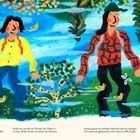 Der Text unten enthält Gedanken über Atome und Wunder der Natur. Zwei Menschen, Enten und ein Hund in bunter Landschaft.