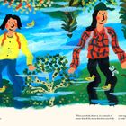 Zwei Sätze über Atome und Einzigartigkeit. Eine bunte Landschaft mit Figuren, Enten, Bäumen und einem Hund.