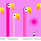 Ein Gedicht spricht von Flamingos, die spät ankommen, von Freunden begrüßt werden und stolz in Kolonien brüten. Illustration mit Flamingos.