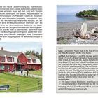 Text: Treibholz am Strand im Nordosten von Campobello Island. Cottage von Franklin D. Roosevelt. INFO: Lage und Anfahrt...

Links ein rotes Gebäude mit weißen Fenstern (Roosevelt Cottage). Rechts ein Strand mit Treibholz.