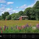 Text: "Schweden 05", "Frühling im Osten Schwedens". 

Kalenderansicht mit einer Wiese, Lupinenblumen, roten Häusern und Bäumen.