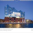 Elbphilharmonie, Hamburg, Deutschland. Gebäude mit wellenförmigem Glasdach vor abendlichem Himmel. Kalenderblatt für Mai.