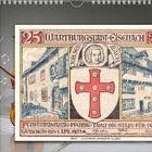 Kalenderblatt mit Zahl "5" und Noten. Illustration: "25 Wartburgstadt-Eisenach" mit Bach-Porträt, Kreuzwappen, Bachhaus, Lutherhaus.