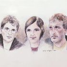 Drei Personen porträtiert, mit unterschiedlichen Frisuren und Gesichtsausdrücken, in einer skizzenhaften Illustration.