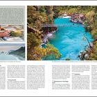 Texte: Jade, Seven Mile Beach, Greymouth, Shantytown Heritage Park, Hokitika. Bilder zeigen eine türkisfarbene Flussschlucht und Küstenlandschaften.