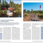 Texte im Bild: "Schwedisch Finnland: Mittelösterbotten, Österbotten, Südösterbotten". Links Boot und rote Häuser, rechts Leuchtturm.