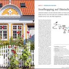 **Inselhopping auf Dänisch** steht groß geschrieben. Ein gelbes Haus mit weißen Fenstern, Blumen und weißem Zaun. Rechts eine Landkarte.