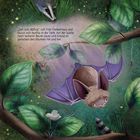 „Zeit zum Abflug“, ruft Finn Fledermaus. Eine Fledermaus fliegt kopfüber, umgeben von Blättern, einem Dachs und einer Spinne.