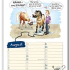 Kalenderblatt: August, Illustration von Pferden, Katze erschrickt vor einem Schlauch. Dialoge: „WAAAH- eine SCHLANGE!!!“ und weitere.