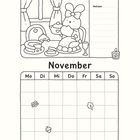 "Notizen" steht oben rechts. "November" oben im Kalender. Illustration: Häschen an Tisch mit Essen und Wein.