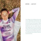Texts on the right discuss Laura Philipp, a successful triathlete, her achievements, and challenges. She's lying on grass with closed eyes, wearing a triathlon suit with "MADE BETTER," "CANYON," and "KICKASS SPORTS" logos.