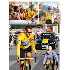 Das Wertvollste im Leben: Vater sein trotz Radprofi-Dasein. Oben: Kinder mit Spielzeuglöwen. Unten: Radfahrer in Gelb.
