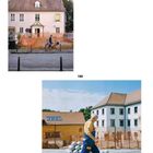 "132" in der Mitte. Oben: Haus mit orangener Absperrung, Mann und Fahrrad. Unten: Mann in Arbeitskleidung vor Gebäuden.