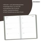 + Monats- und Jahresübersichten, Feiertage, Schulferien, Satin-Lesezeichenband, Goldveredelung auf dem Cover. Ein geöffneter Kalender zeigt die Woche vom 4. bis 10. Januar 2027.