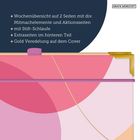 + Wochenübersicht auf 2 Seiten, Mitmachelemente, Stift-Schlaufe, Extraseiten, Goldveredelung; abstrakte bunte Formen.