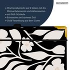 „Grafik Werkstatt“ Logo, Text beschreibt Planer-Features, florales Muster in Schwarz-Weiß mit goldener Ecke oben.