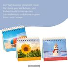 Ein Tischkalender mit Texten: "Notiz an mich...","Guten Morgen...","Ein Lächeln...". Enthält Strand, Sonnenblumen, Schneemann.