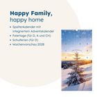 Text: Happy Family, happy home. Spaltenkalender mit integriertem Adventskalender. Feiertage (für D, A und CH). Schulferien (für D). Wochenvorschau 2028.

Rechts ist ein Schnee bedeckter Baum mit Sonnenuntergang im Hintergrund.