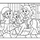 Ausmalbild mit Zahlen. Ein Kind führt ein Pony mit einem anderen Kind darauf. Hintergrund: Zaun und Natur.