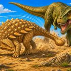 Ein Ankylosaurus schwingt seinen Schwanz gegen einen brüllenden Tyrannosaurus Rex in einer prähistorischen Landschaft.